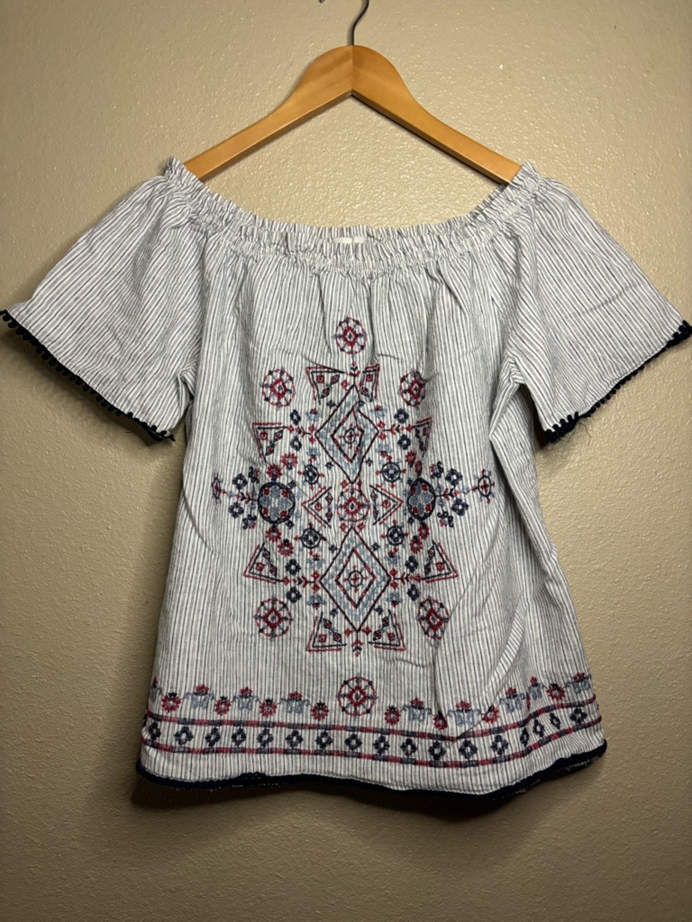 Knox Rose White Striped Off-Shoulder Tunic with Navy & Red Embroidery